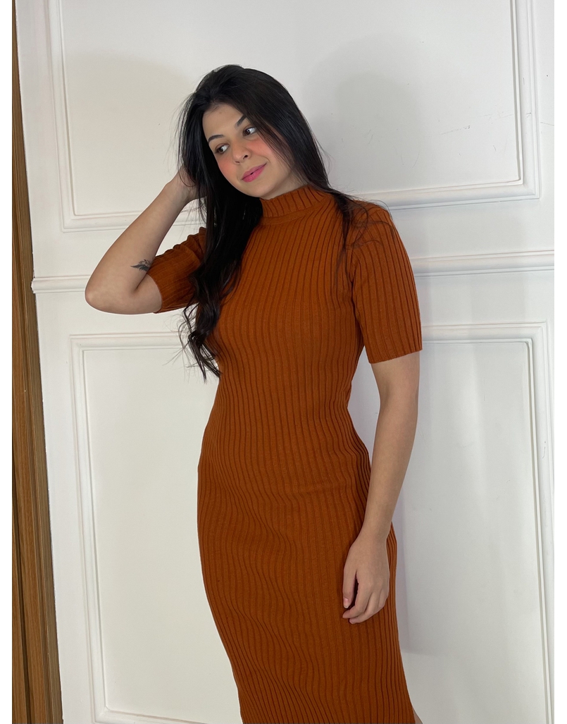 Vestido Midi Tricot Manguinha Terracota