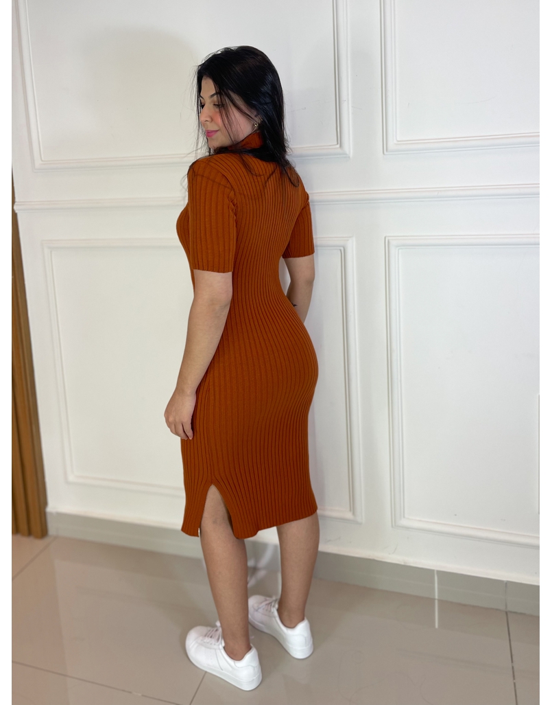 Vestido Midi Tricot Manguinha Terracota