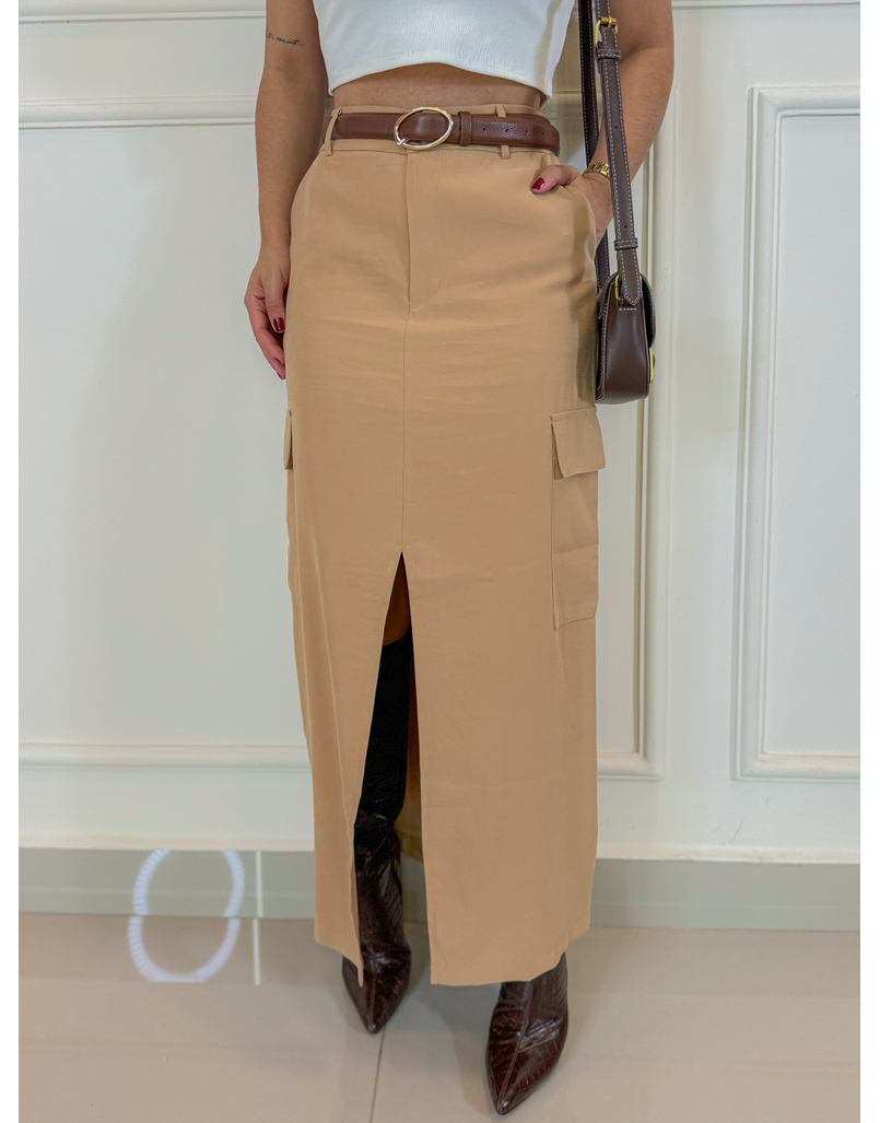 Saia Midi Stela Cáqui 