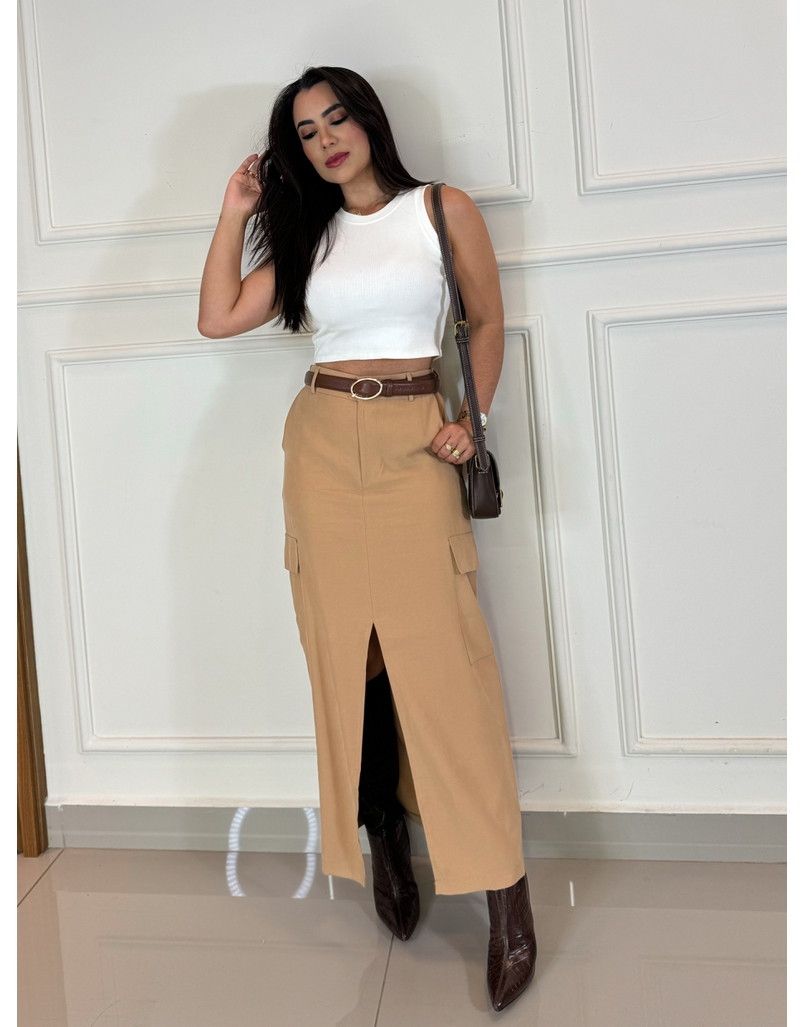 Saia Midi Stela Cáqui 