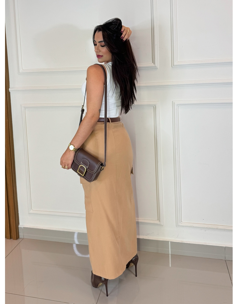 Saia Midi Stela Cáqui 