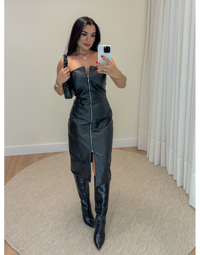 Vestido Couro Fake Tubinho Zíper 