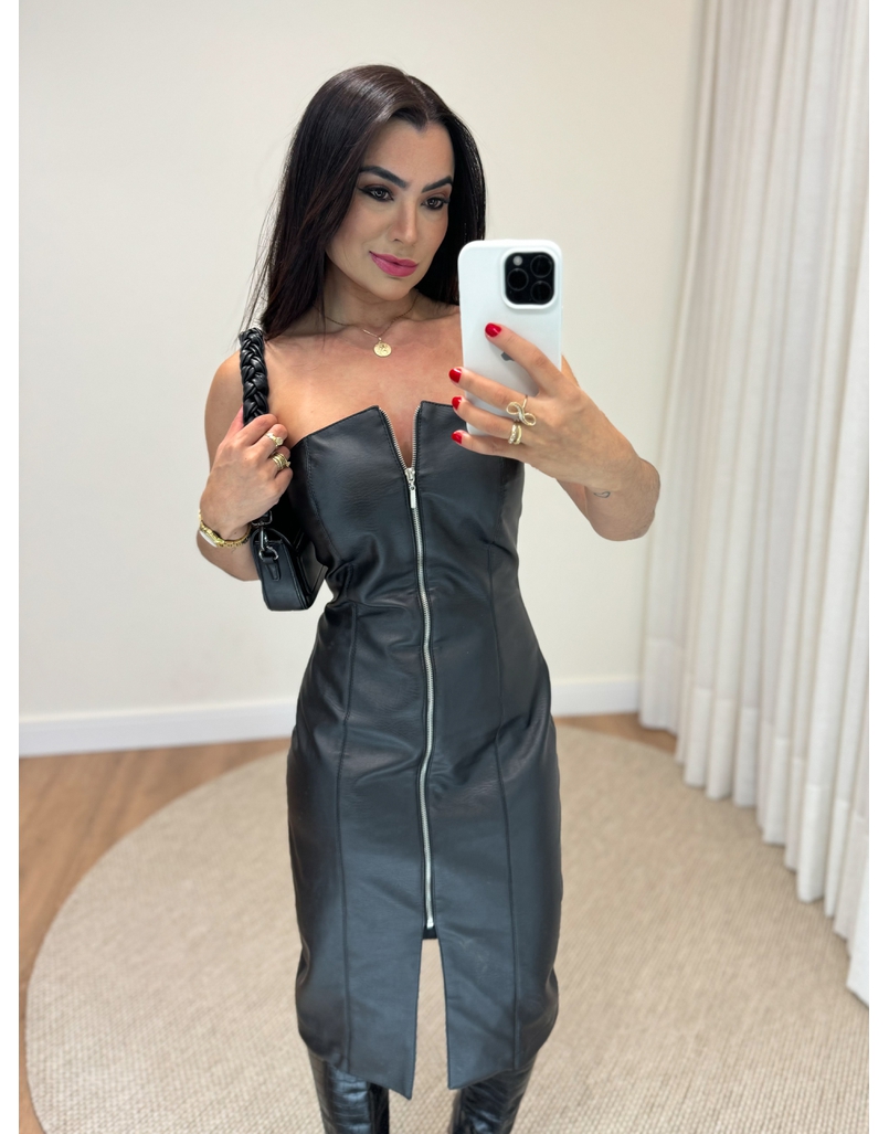 Vestido Couro Fake Tubinho Zíper 