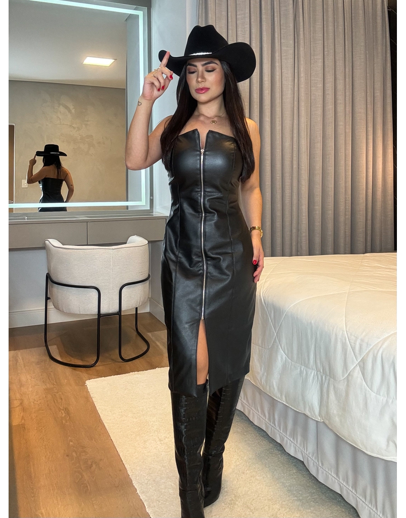 Vestido Couro Fake Tubinho Zíper 
