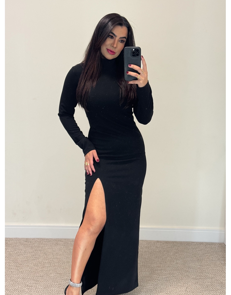 Vestido Longo Gola Alta Preto