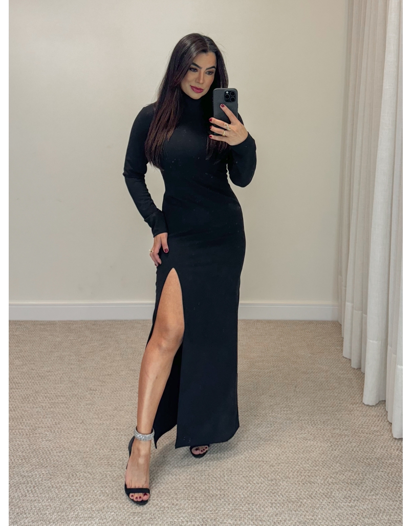 Vestido Longo Gola Alta Preto