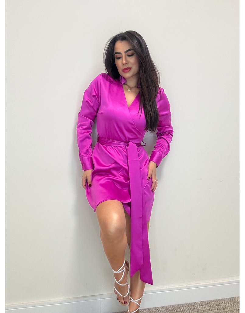 Vestido Manga Longa Acetinado Pink