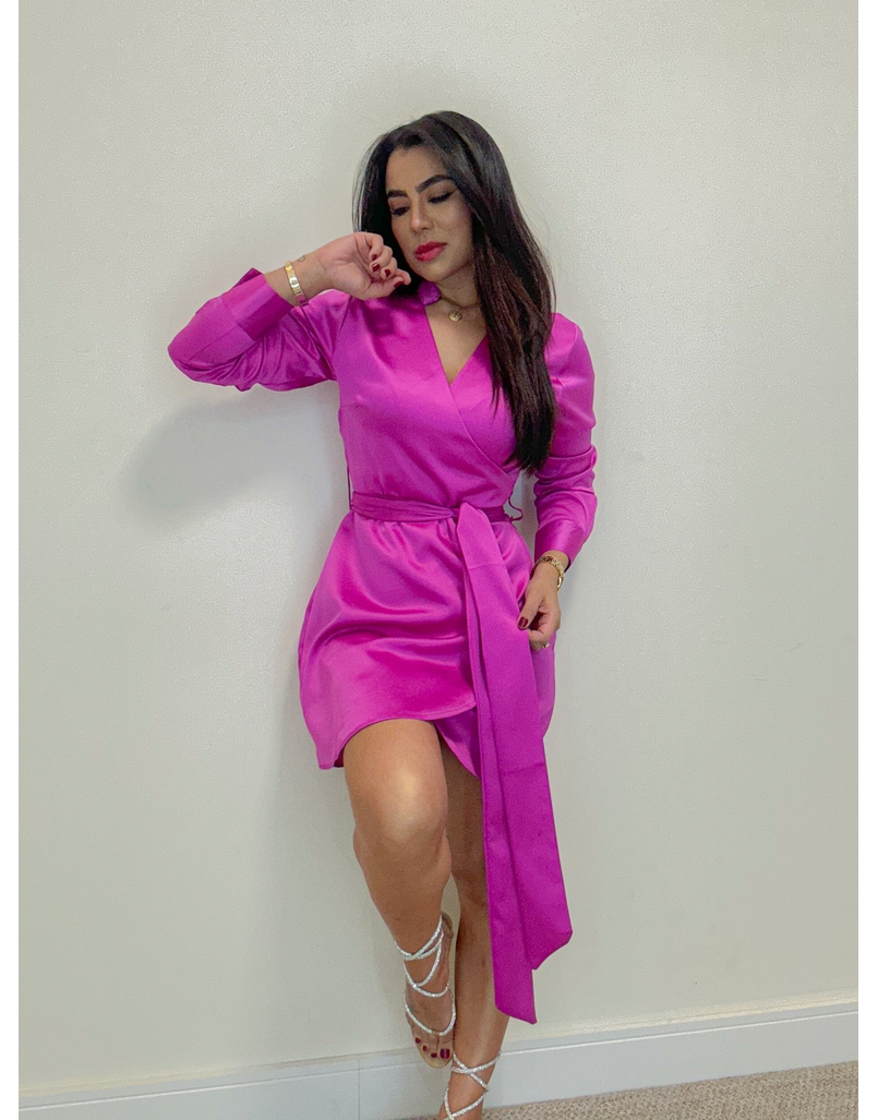 Vestido Manga Longa Acetinado Pink