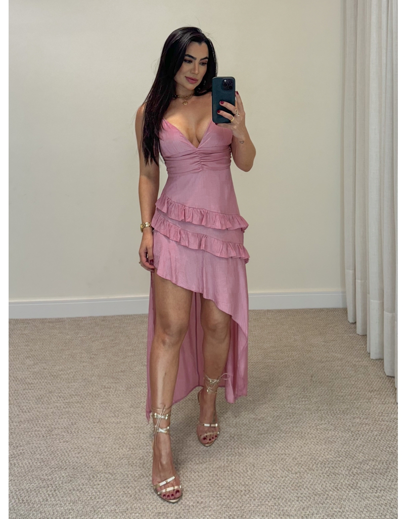 Vestido Midi Chiffon Rosa