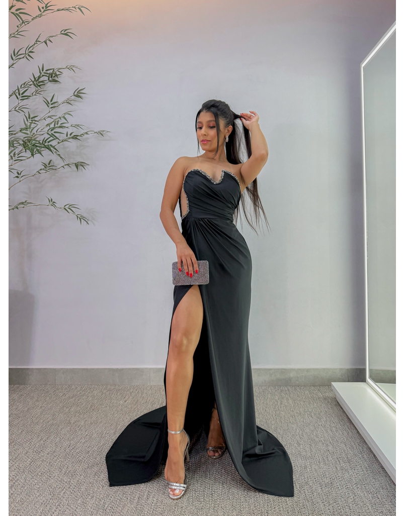 Vestido Festa Strass Preto