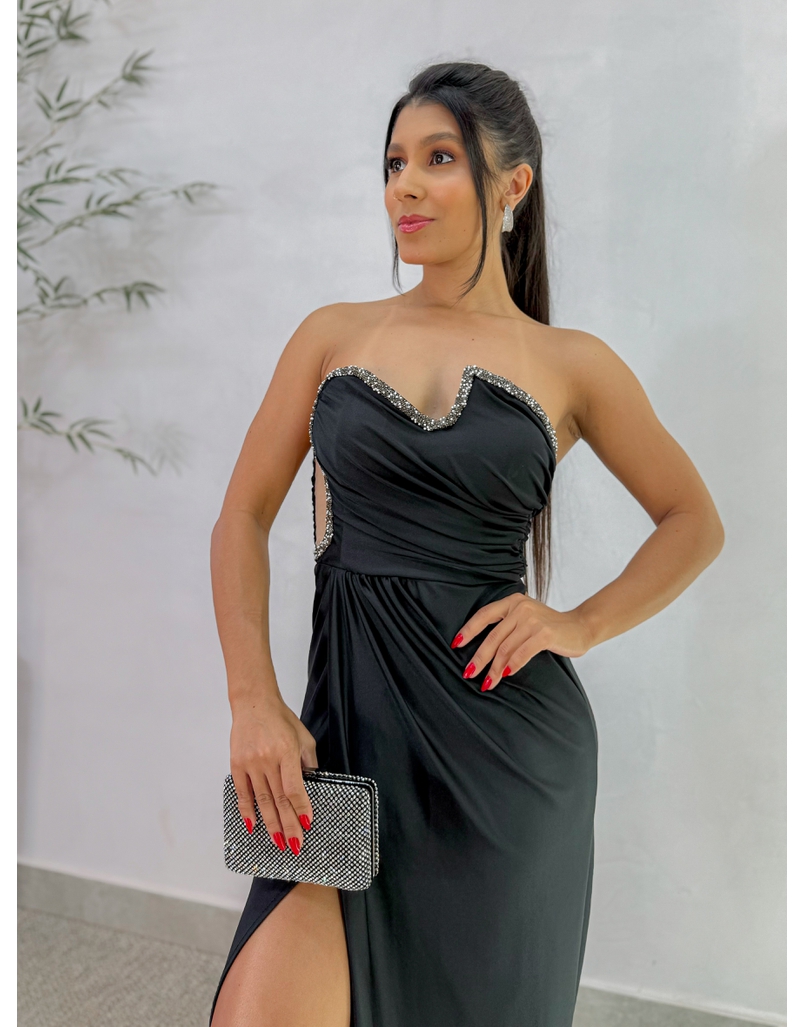 Vestido Festa Strass Preto