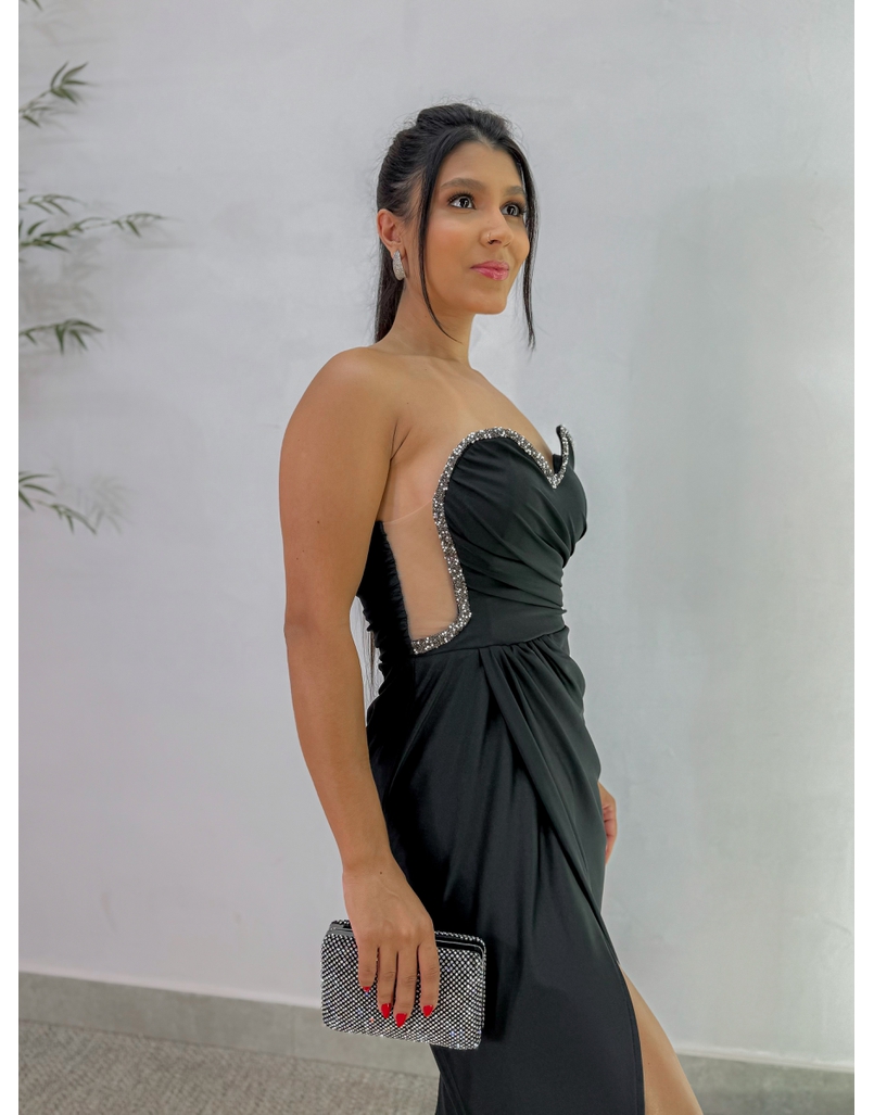 Vestido Festa Strass Preto
