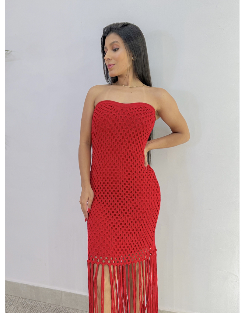 Vestido Tricot Franja Vermelho