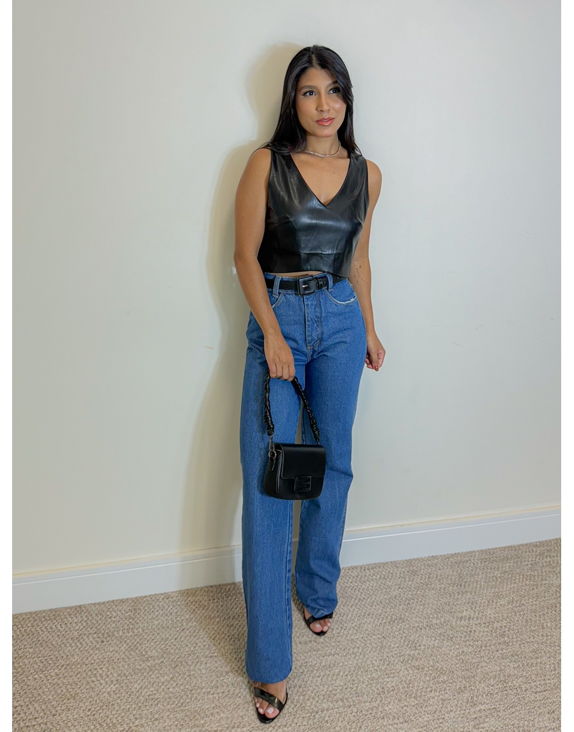 Cropped Couro Fake Zíper Preto