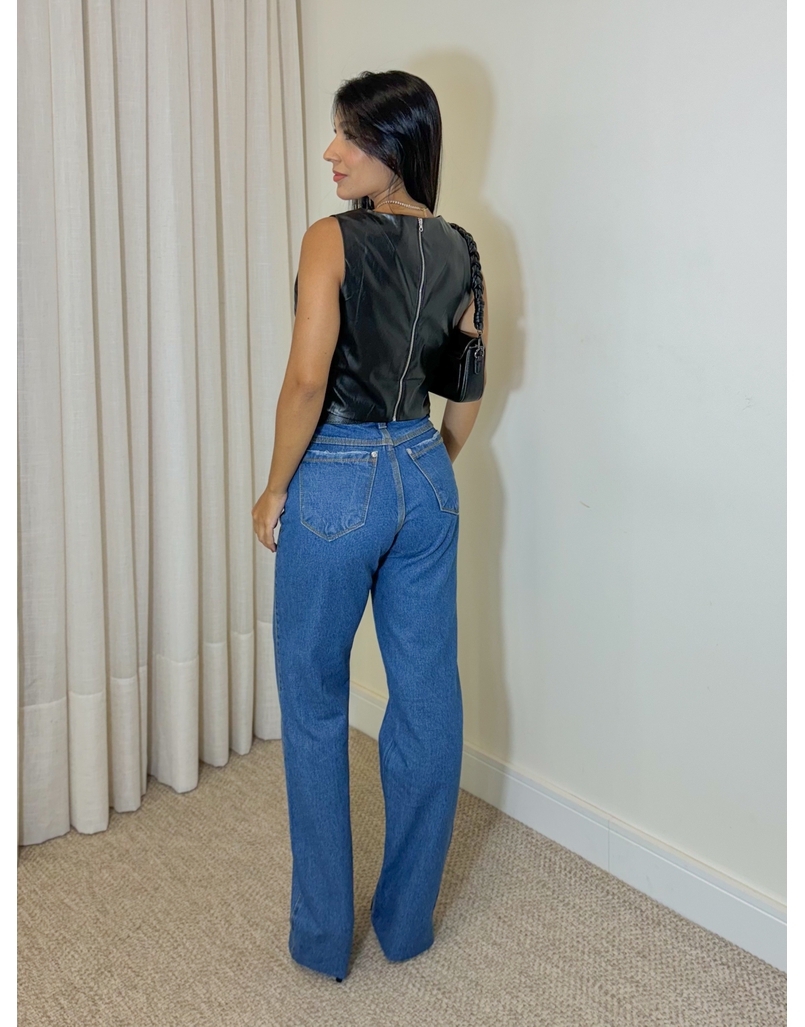 Cropped Couro Fake Zíper Preto