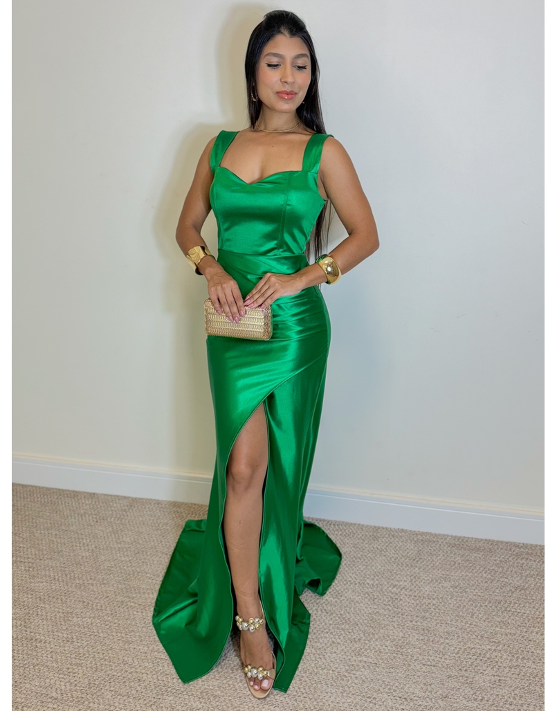 Vestido Longo Festa Acetinado Verde