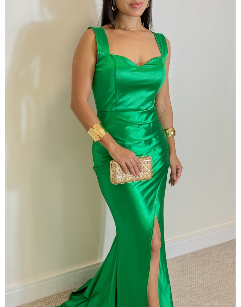 Vestido Longo Festa Acetinado Verde