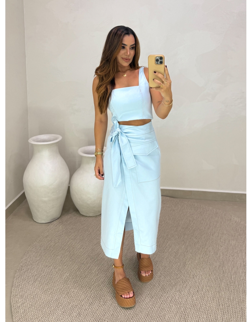 Saia Midi Sarja Transpassada Azul 