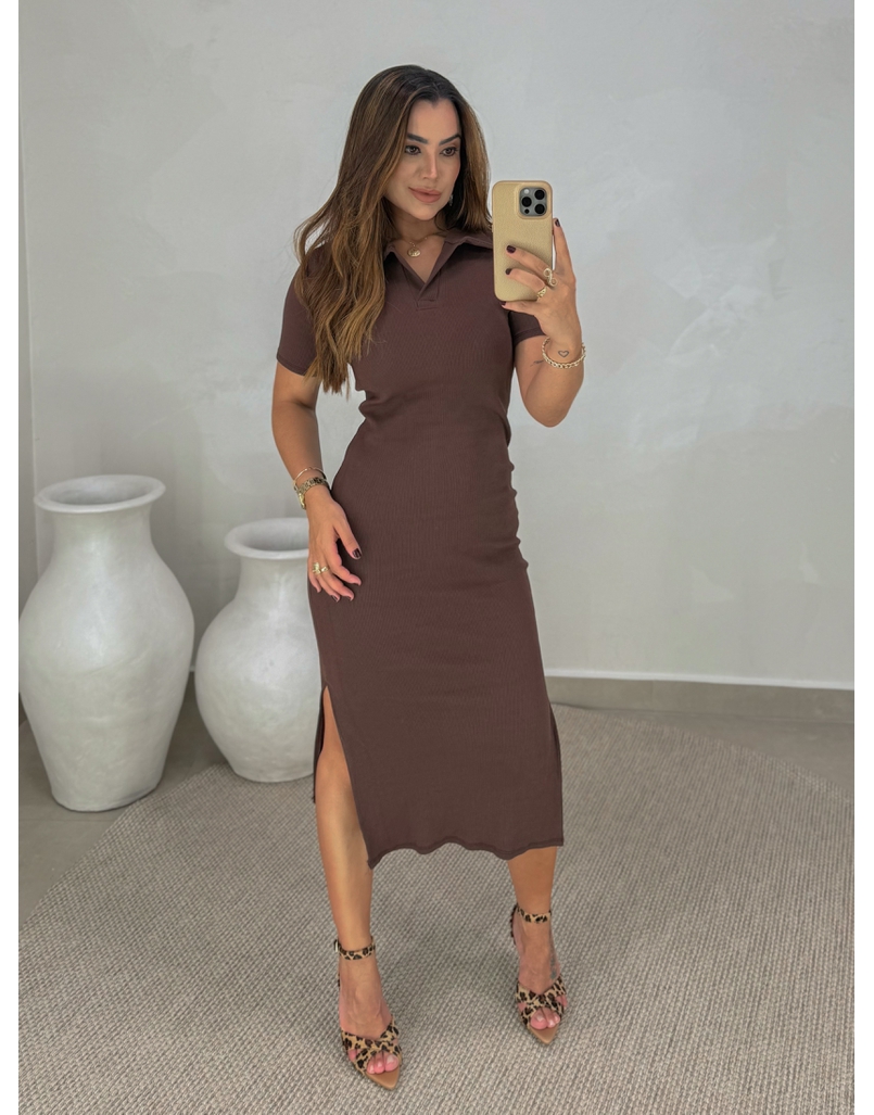 Vestido Canelado Gola Polo Café 