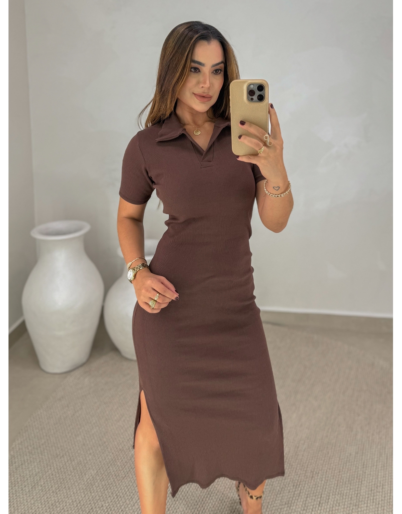 Vestido Canelado Gola Polo Café 