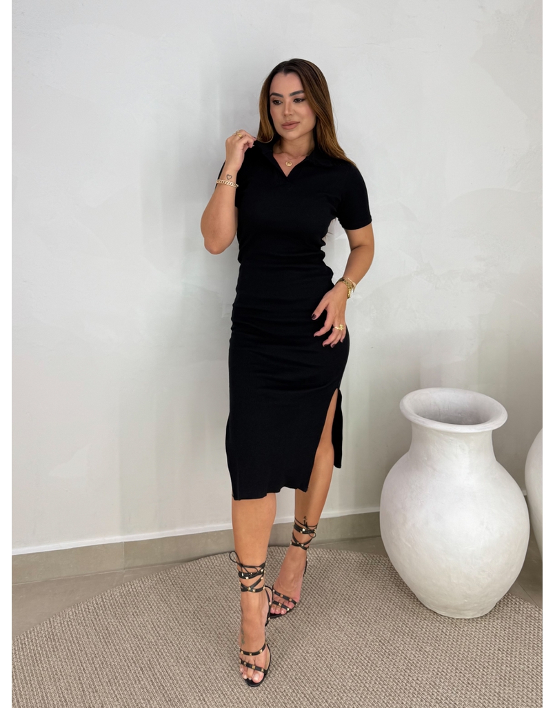 Vestido Canelado Gola Polo Preto