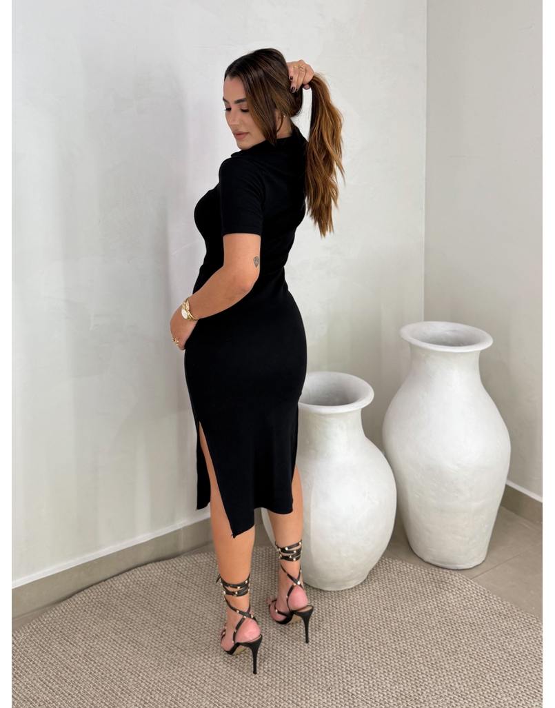 Vestido Canelado Gola Polo Preto