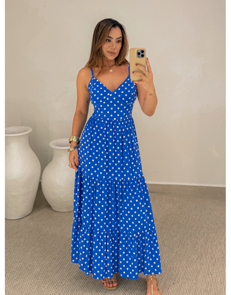 Vestido Midi Atenas Poá Azul