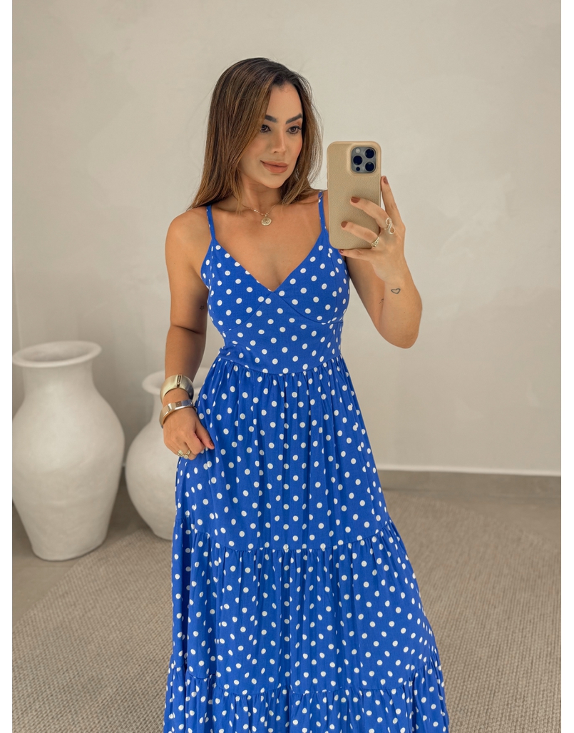 Vestido Midi Atenas Poá Azul