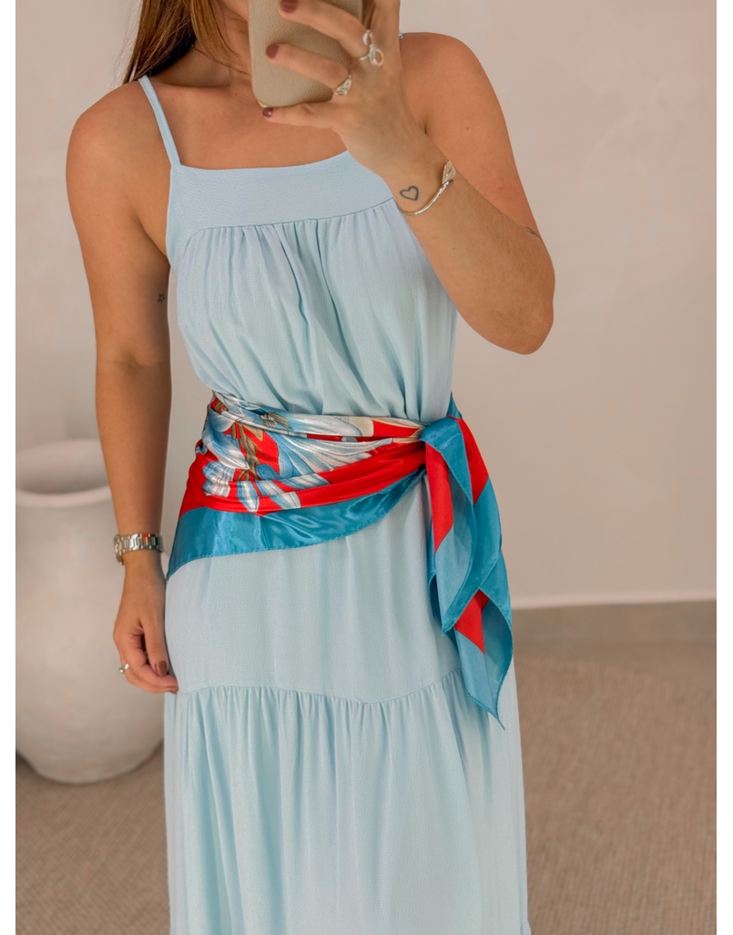 Lenço Cetim Floral Azul/Vermelho