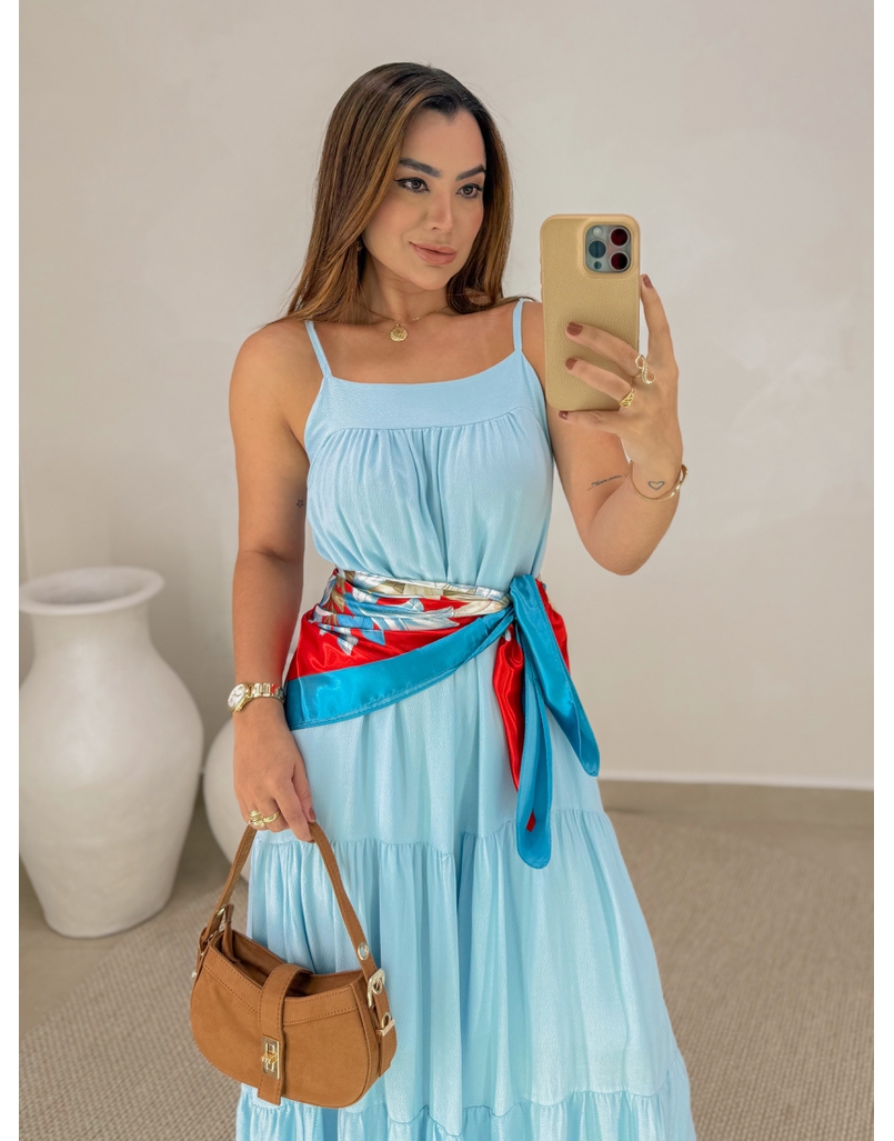 Lenço Cetim Floral Azul/Vermelho