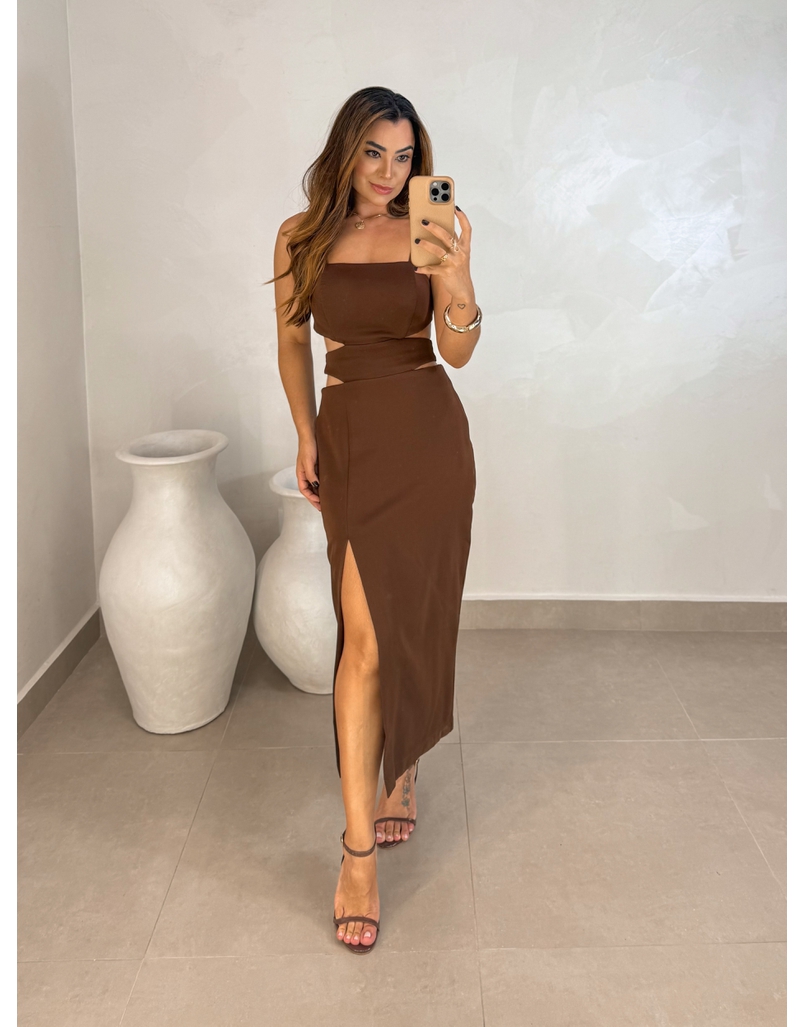 Vestido Midi Fenda Nancy Café