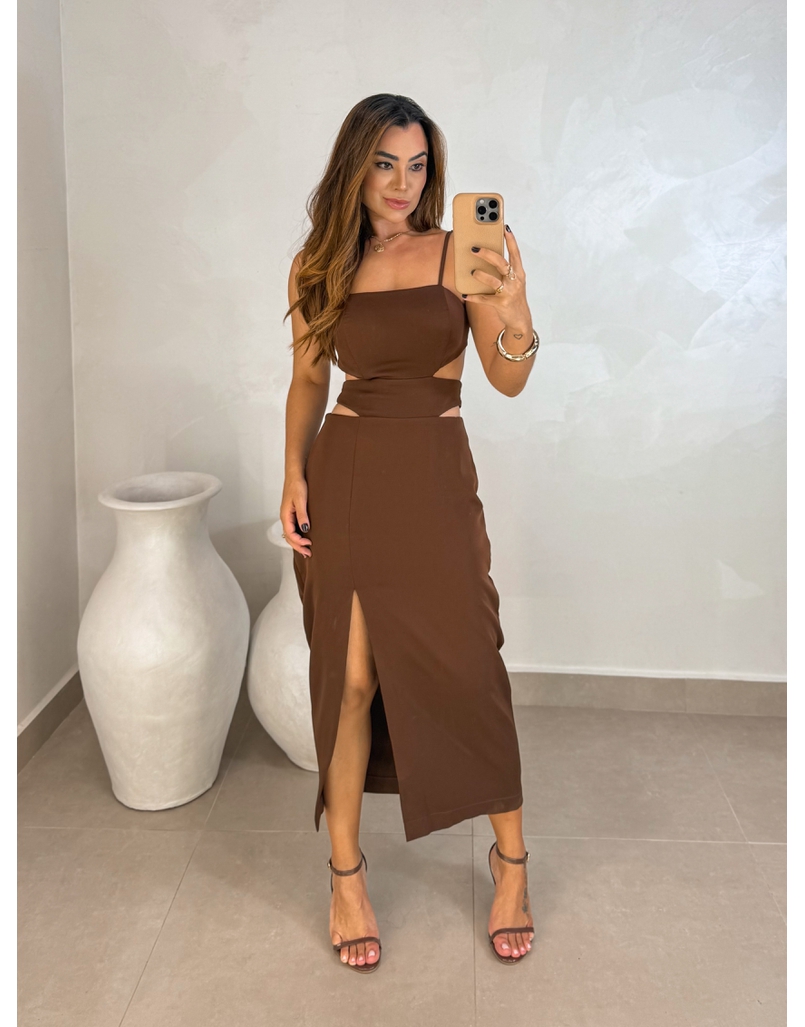 Vestido Midi Fenda Nancy Café