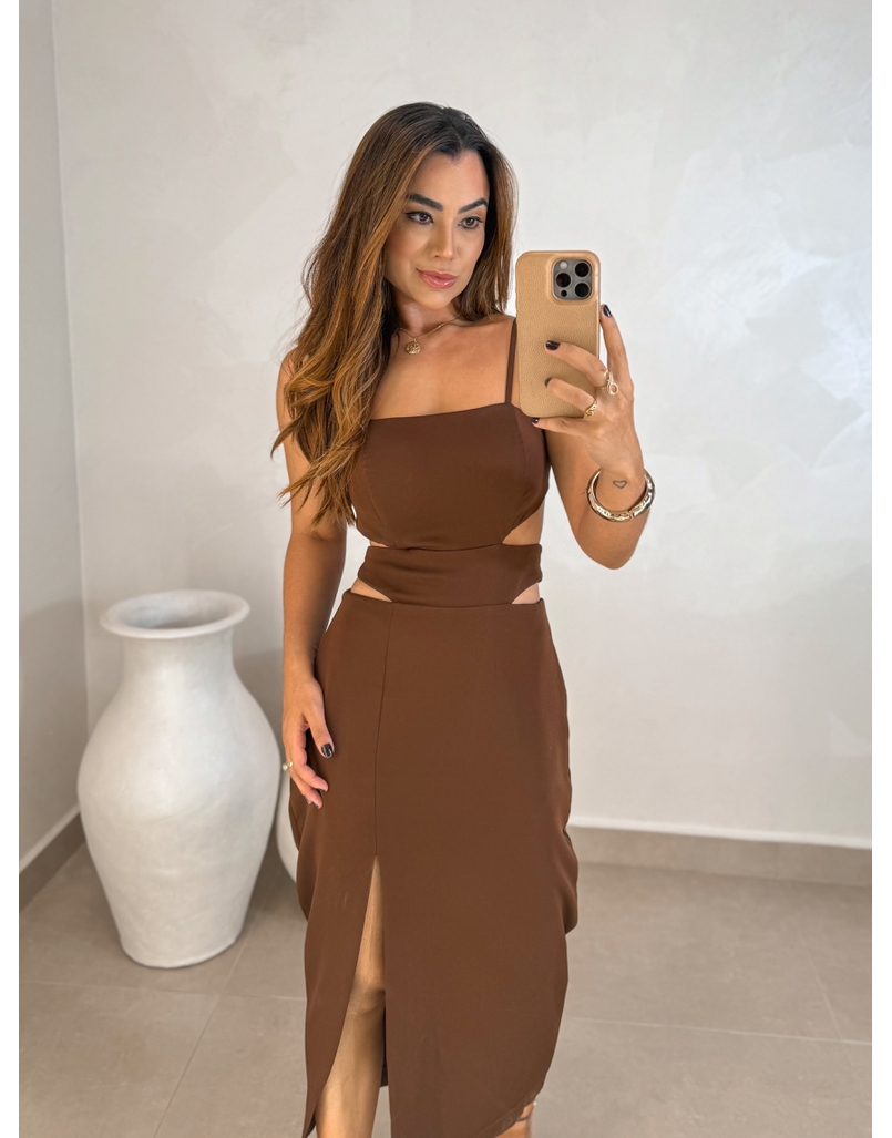 Vestido Midi Fenda Nancy Café