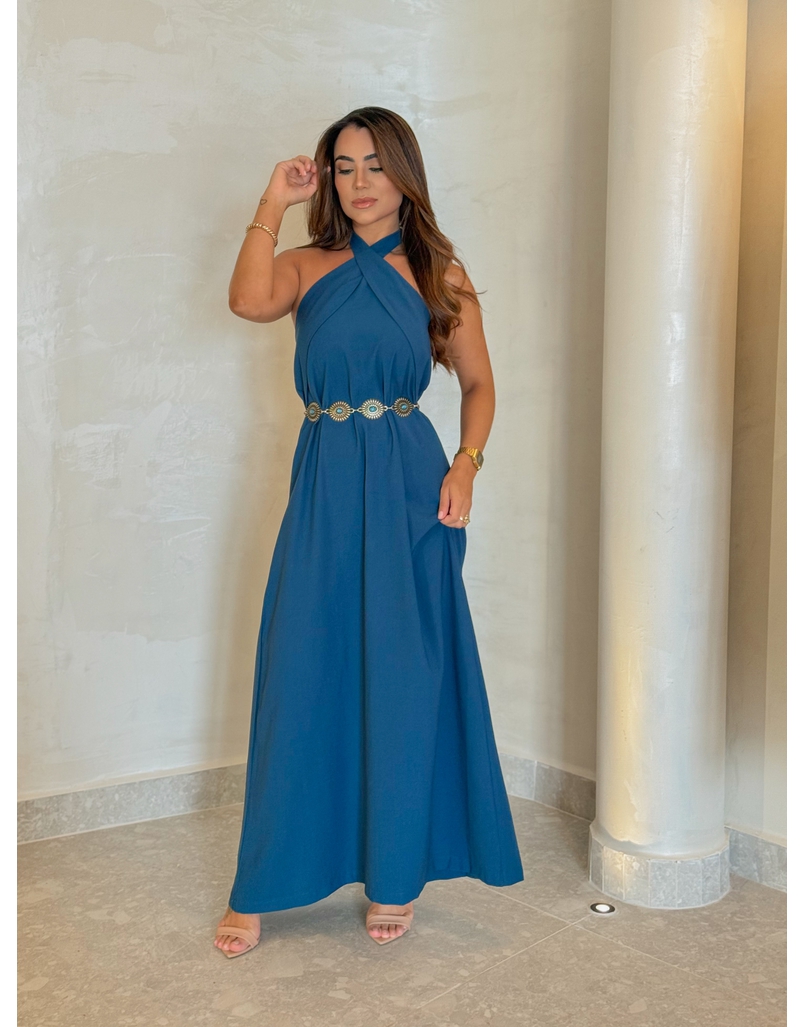 Vestido Midi Frente Única Melina Azul Petróleo