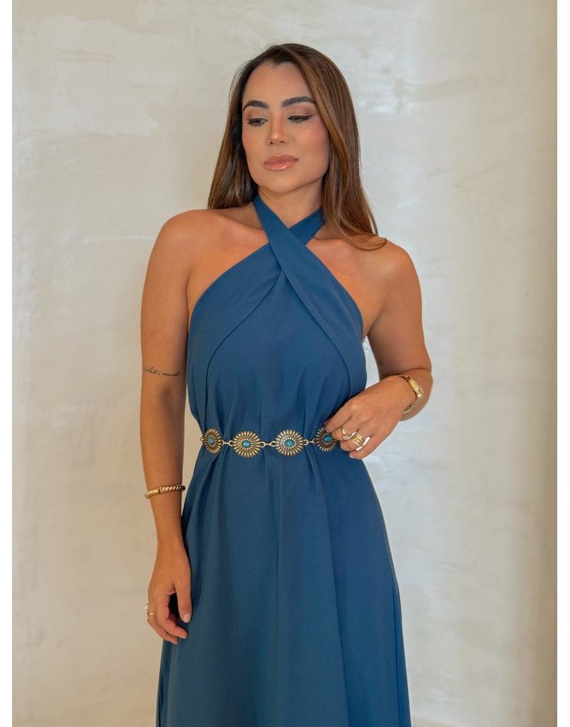 Vestido Midi Frente Única Melina Azul Petróleo