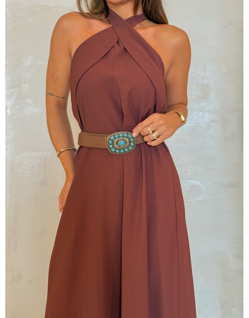 Cinto Couro Pedra Turquesa Marrom 