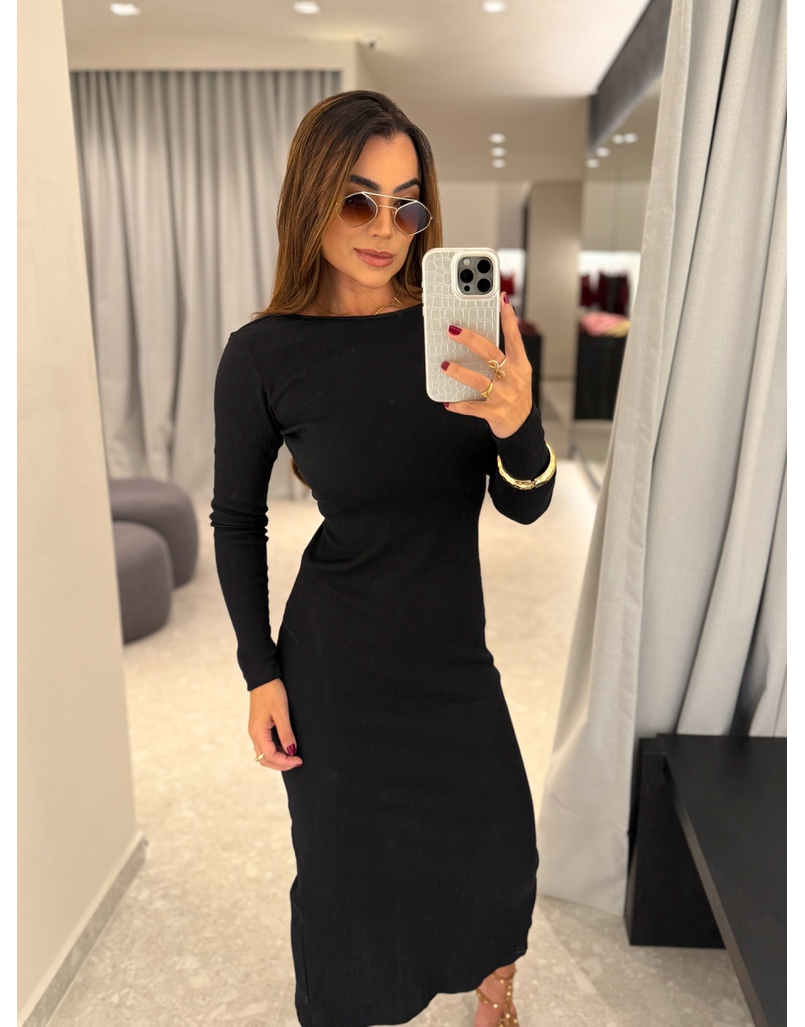 Vestido Canelado Lorena Preto 