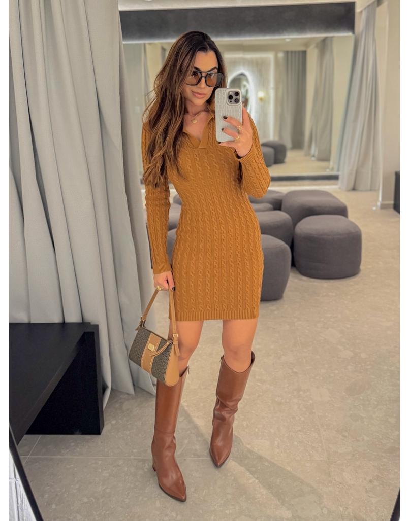 Vestido Tricot Trançado Caramelo