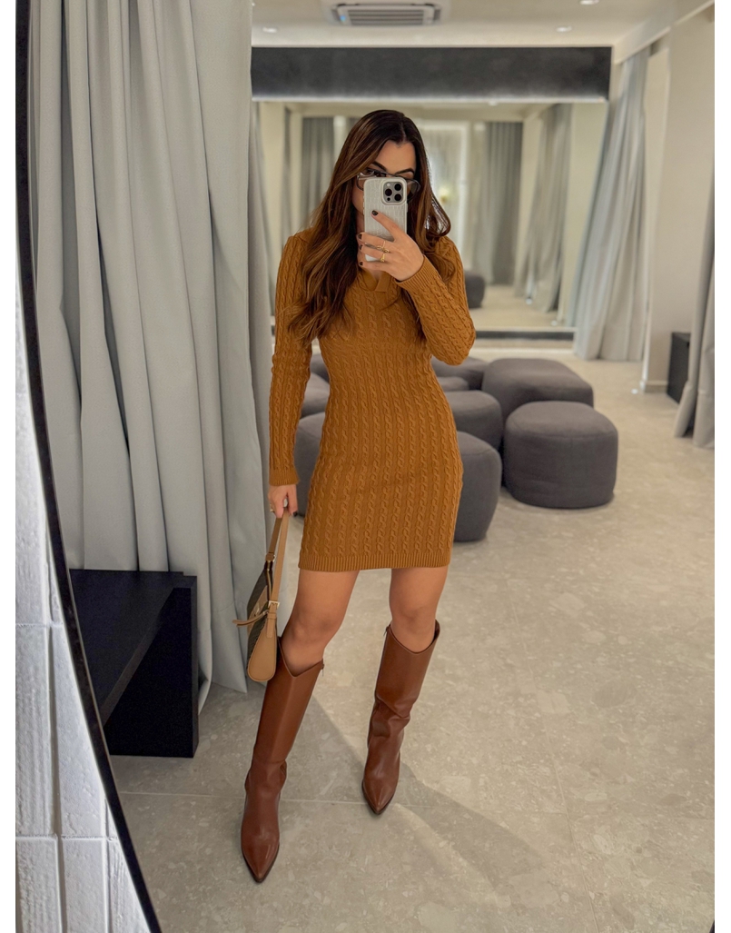 Vestido Tricot Trançado Caramelo