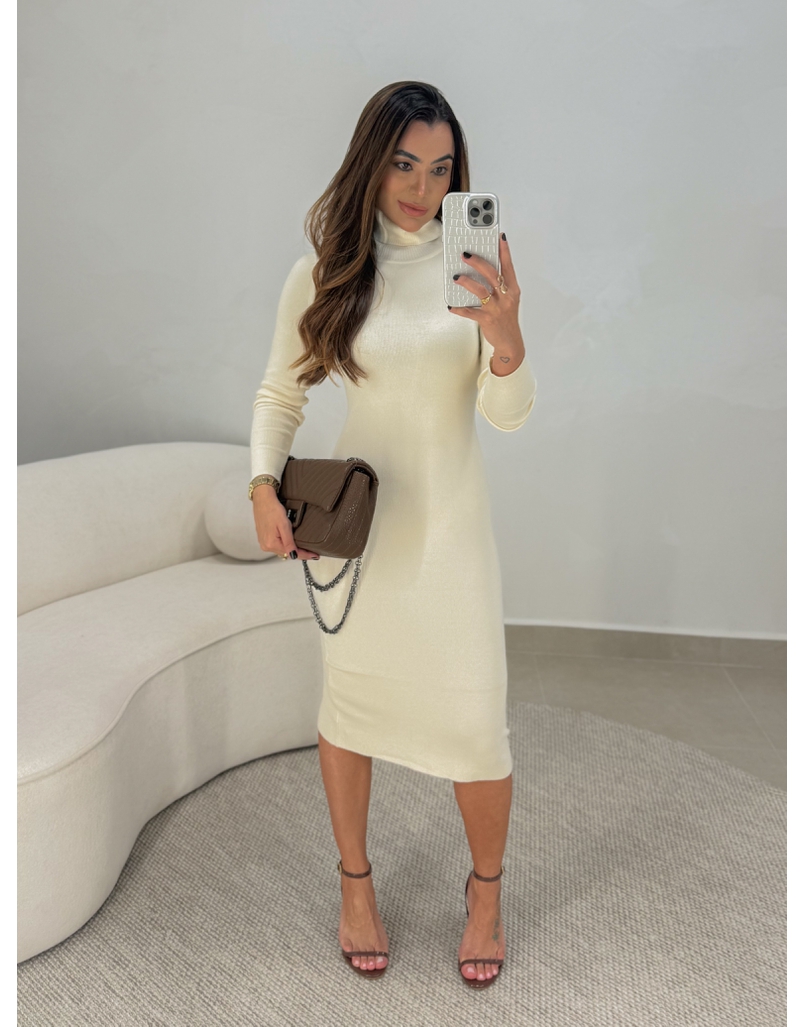 Vestido Gola Tricot Micaele Creme