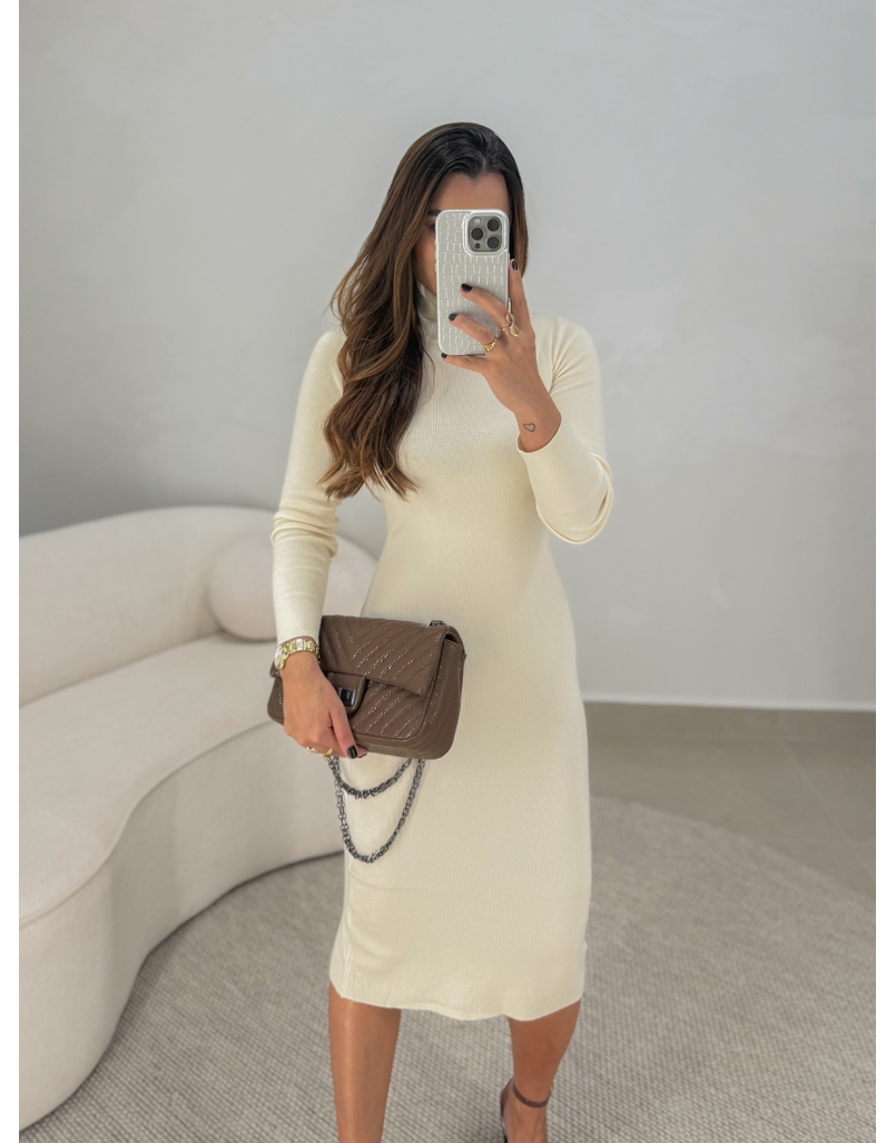 Vestido Gola Tricot Micaele Creme