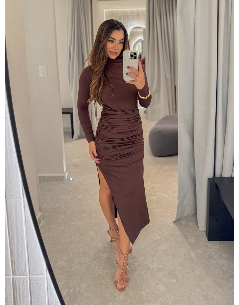 Vestido Suplex Manga Longa Café 