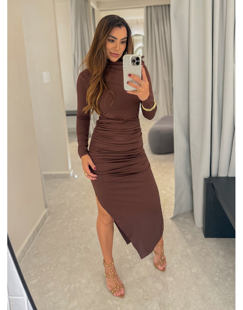 Vestido Suplex Manga Longa Café 