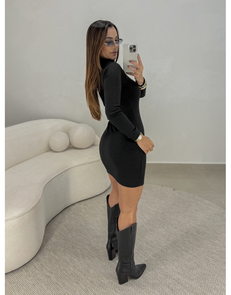 Vestido Canelado Manga Longa Alemanha Preto