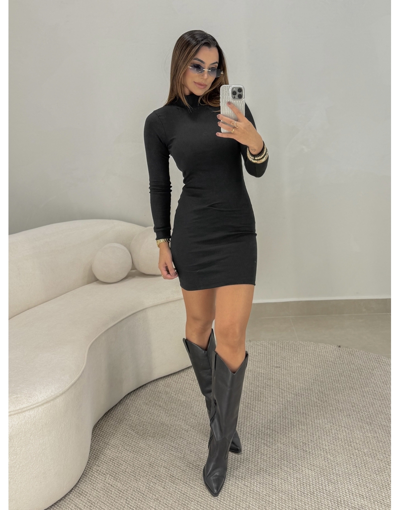Vestido Canelado Manga Longa Alemanha Preto