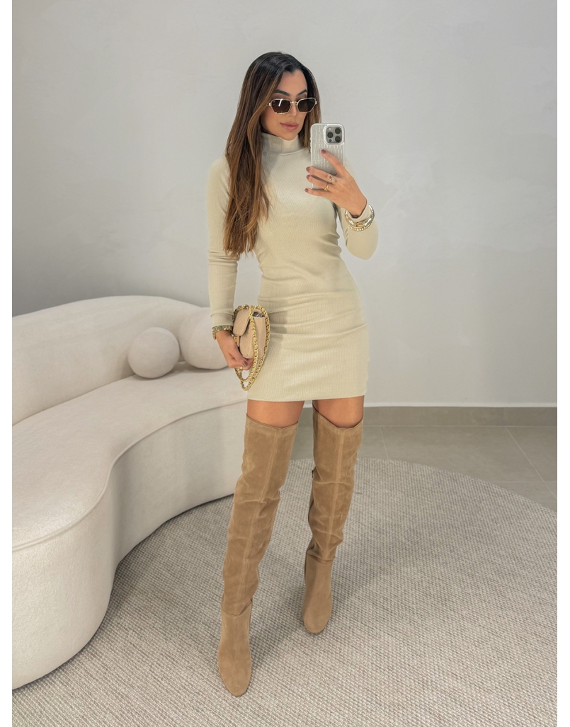 Vestido Canelado Manga Longa Alemanha Areia