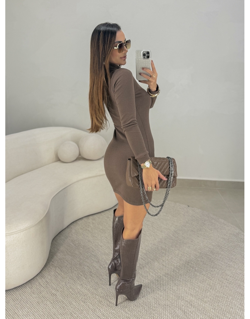 Vestido Canelado Manga Longa Alemanha Café 