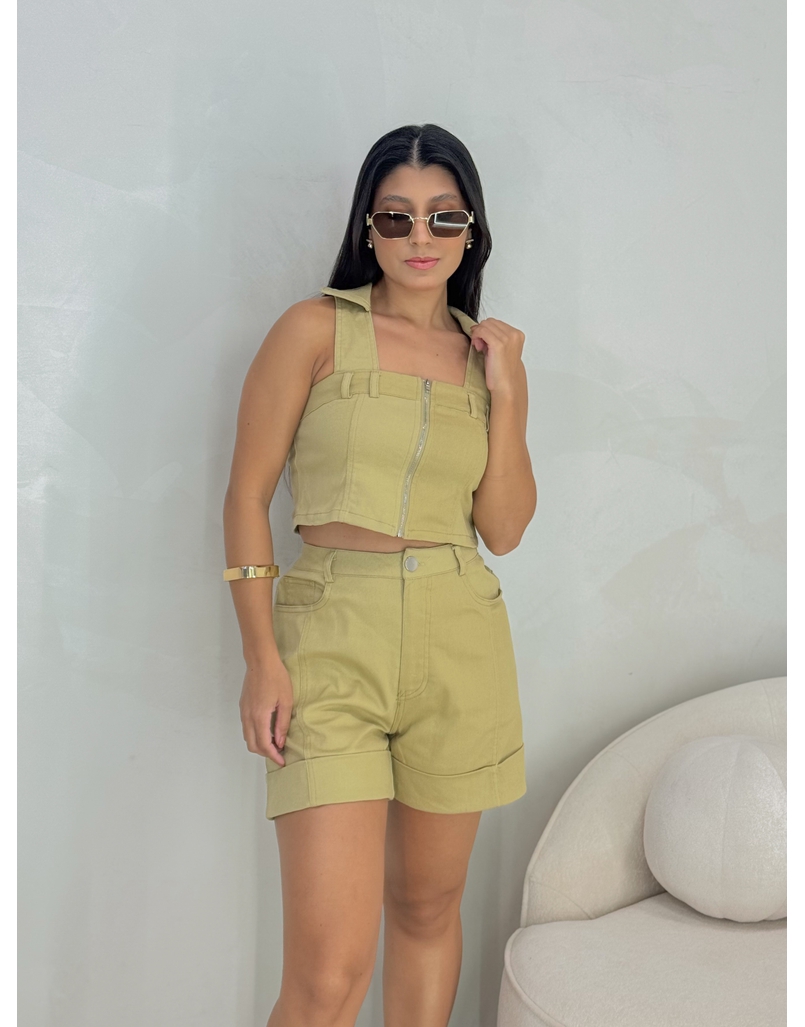 Conjunto Short Sarja Zurique Cáqui