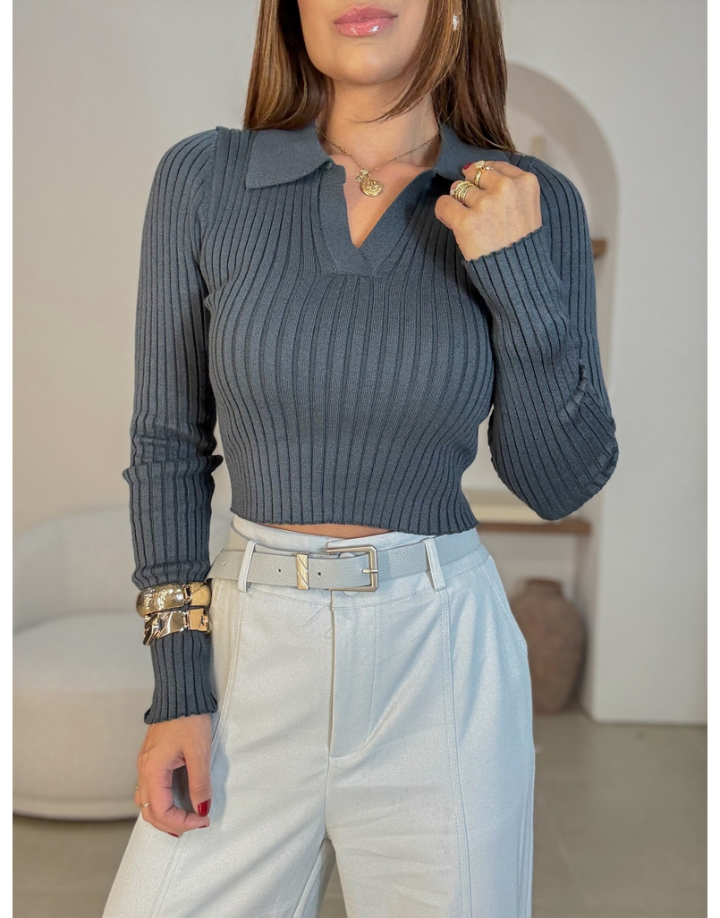 Blusa Tricot Gola Polo Azul Petróleo