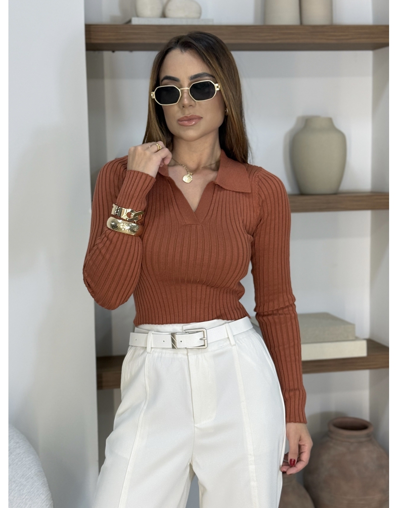 Blusa Tricot Gola Polo Telha